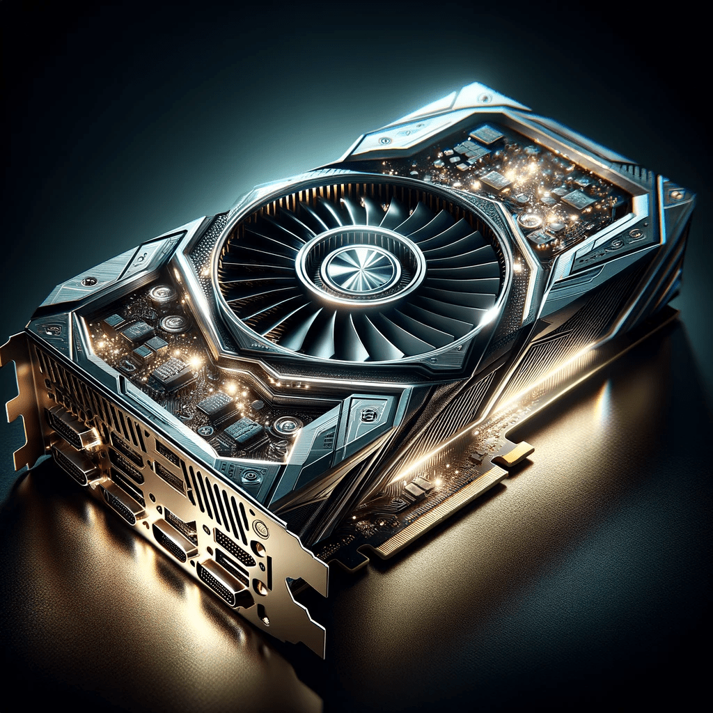 Futuristic Nvidia A100 graphics card, completely remastered by generative AI.