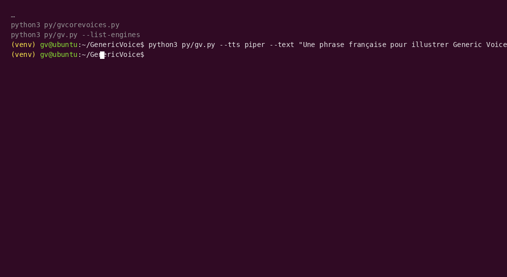 Terminal Ubuntu : commande Generic Voice avec moteur Piper et texte en français.
