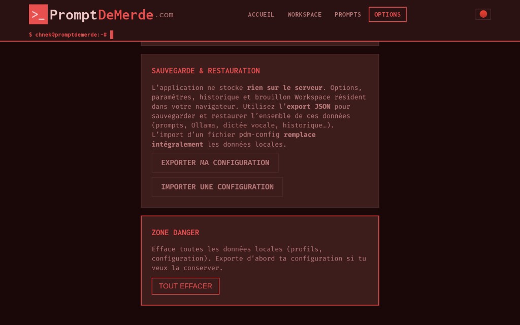 Options — export et import JSON
