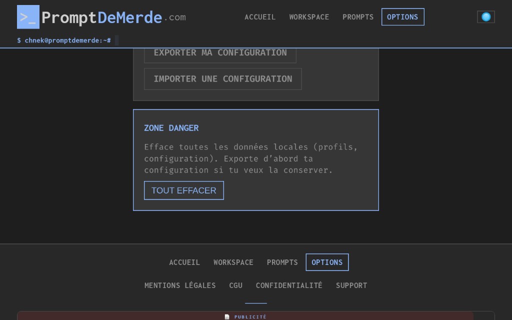 Options — zone danger (effacer les données)