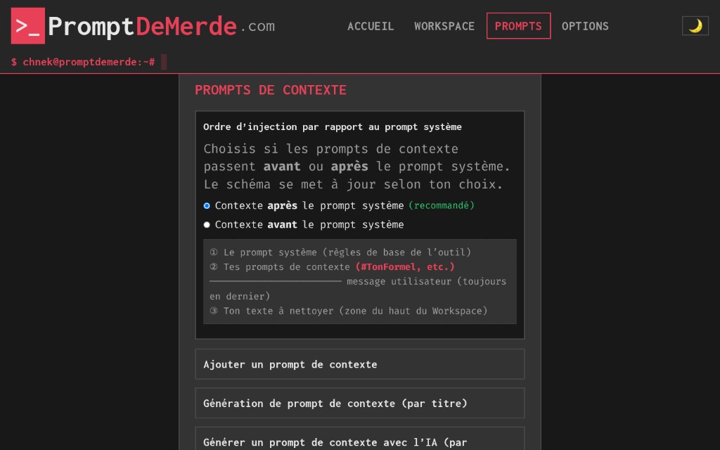 Prompts — ordre d’injection (contexte après système)