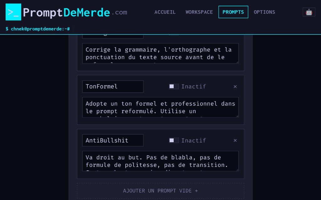 Prompts — liste des profils de contexte