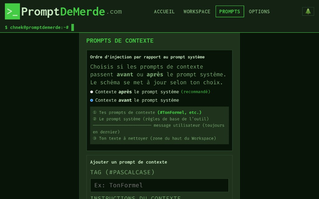 Prompts — ordre d’injection (contexte avant système)